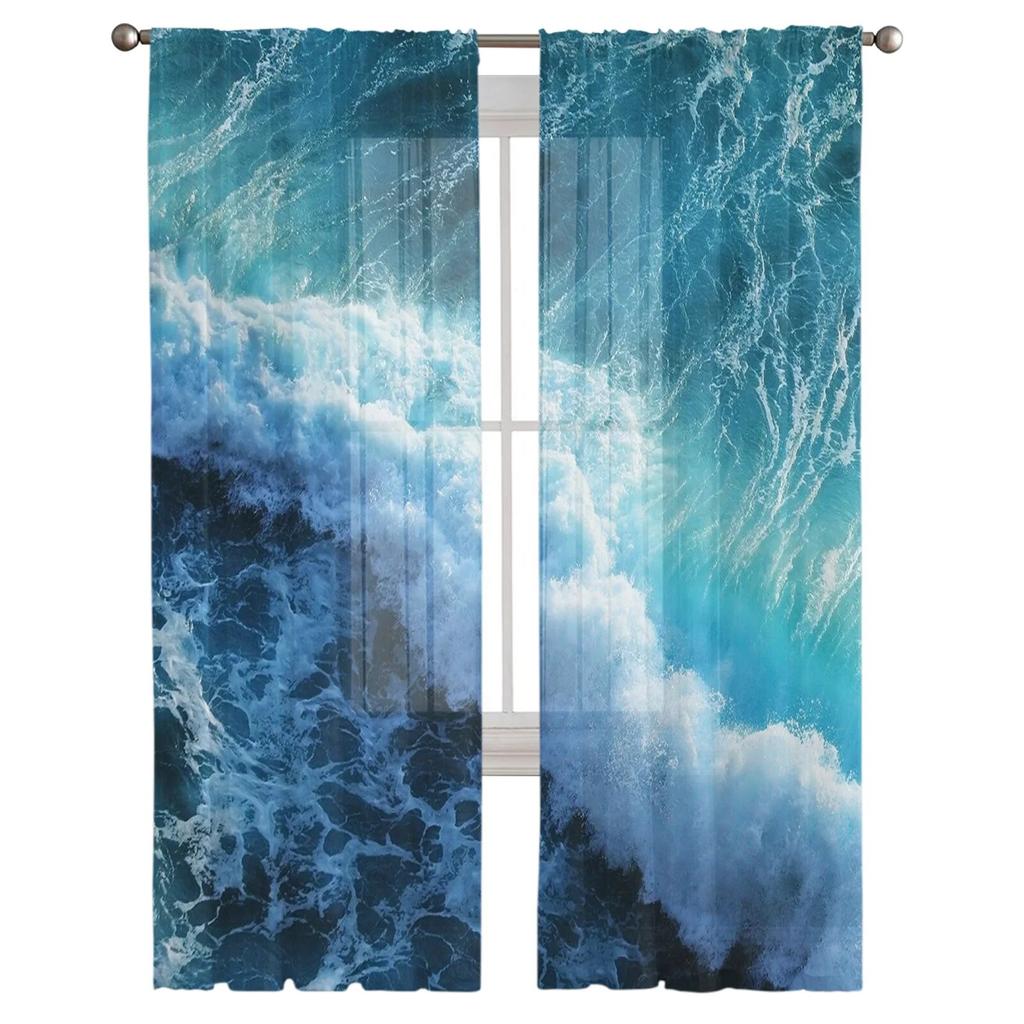 Blue Sea Waves Tulle Curtains for Living Room Drapes Window Sheer Modern Curtains for Bedroom Decor