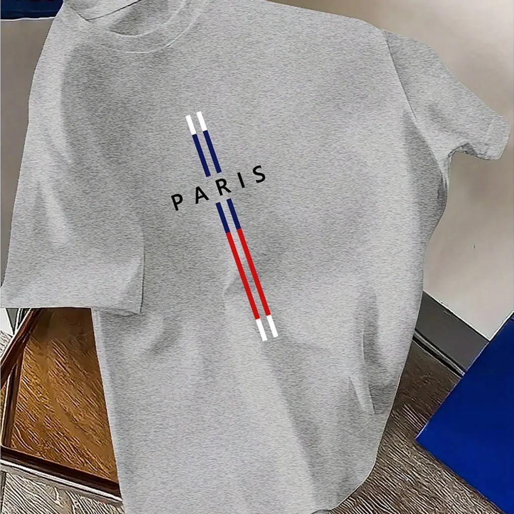 2025 Summer Men's 100% Cotton Fashion Casual Loose Large Size Paris Letter Printed Round Neck Short Sleeve T-Shirt Tops Shirt