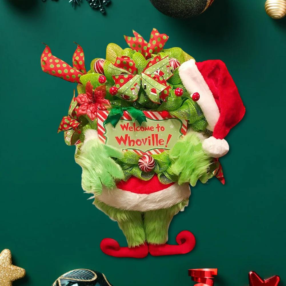Зеленый мохнатый монстр подвесное украшение, рождественский венок в виде вора для каминной полки входной двери, зеленые ножки эльфа, рождественский венок для домашнего декора