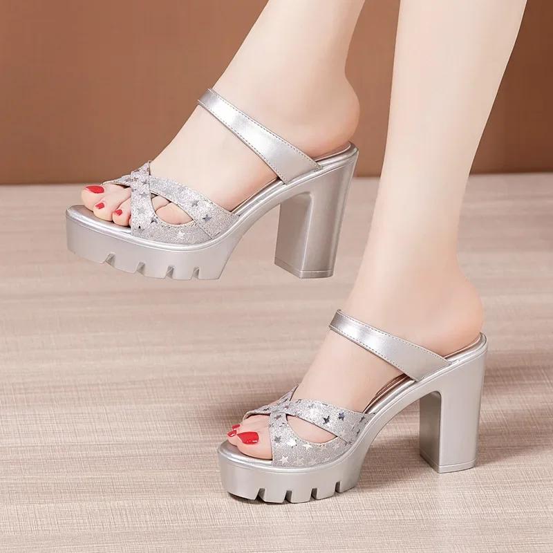 10cm Small Big Size 32-43 Elegant Platform Shoes Star Bling Slippers 2025 Summer Womens Block High Heels Slides for Office Party