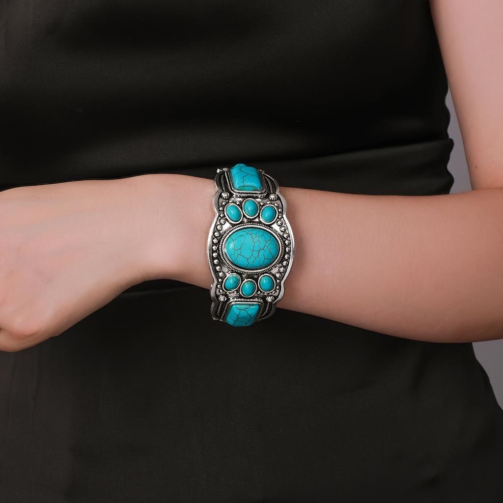New Retro Bohemian Natural Turquoise Cuff Bracelet Ethnic Style Vacation Casual Travel Accessories For Women Boho Exquisite Accessories