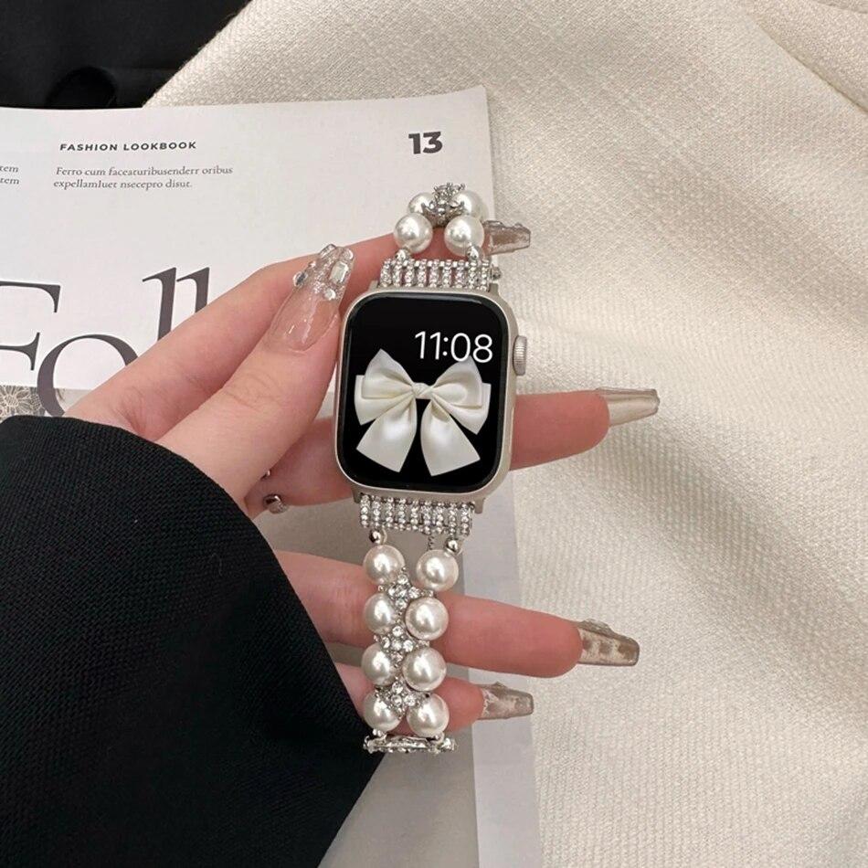 Luxury Metal Strap + Case For Apple Watch Series 9 8 7 6 5 SE 4 38/40/41/42/44/45mm Diamond Pearl Bracelet Band For iWatch UItra 2 49mm