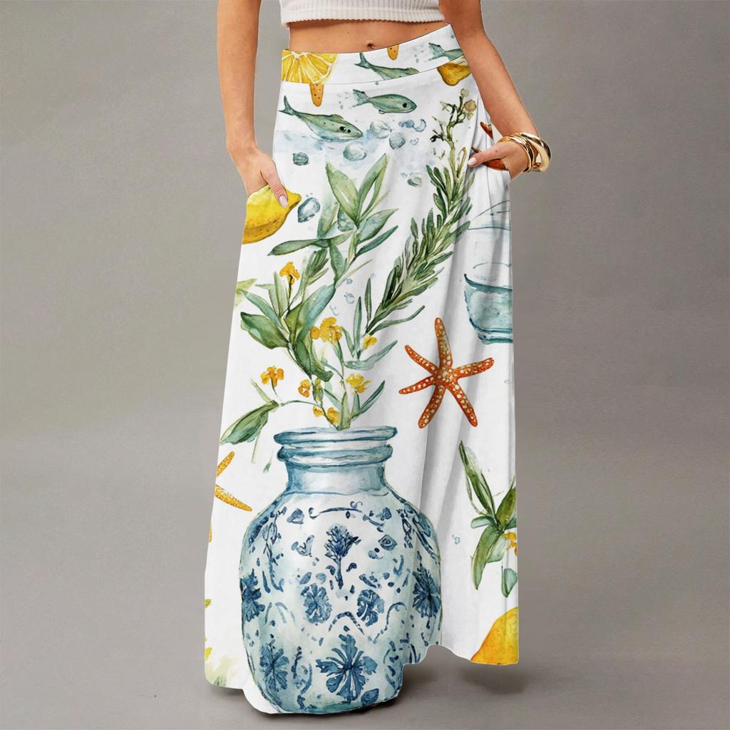 Женская повседневная складная юбка макси с цветочным принтом, высокой талией и карманом, с драпировкой