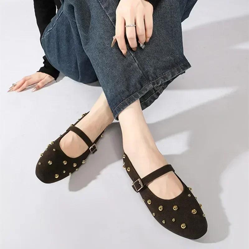 Fashion Gold Rivets Decorate Ballet Flats Women High-quality Faux Suede Buckle Mary Jane Shoes Cozy Non-slip Soft Sole Loafers