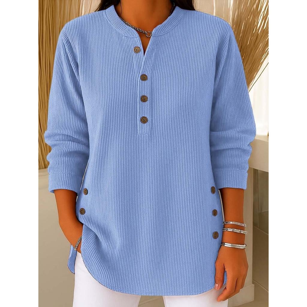 Осень Зима 2025 Новая Женская Однотонная Свободная Футболка Топ с V-образным вырезом на пуговицах и длинным рукавом в стиле кэжуал для Европы Америки