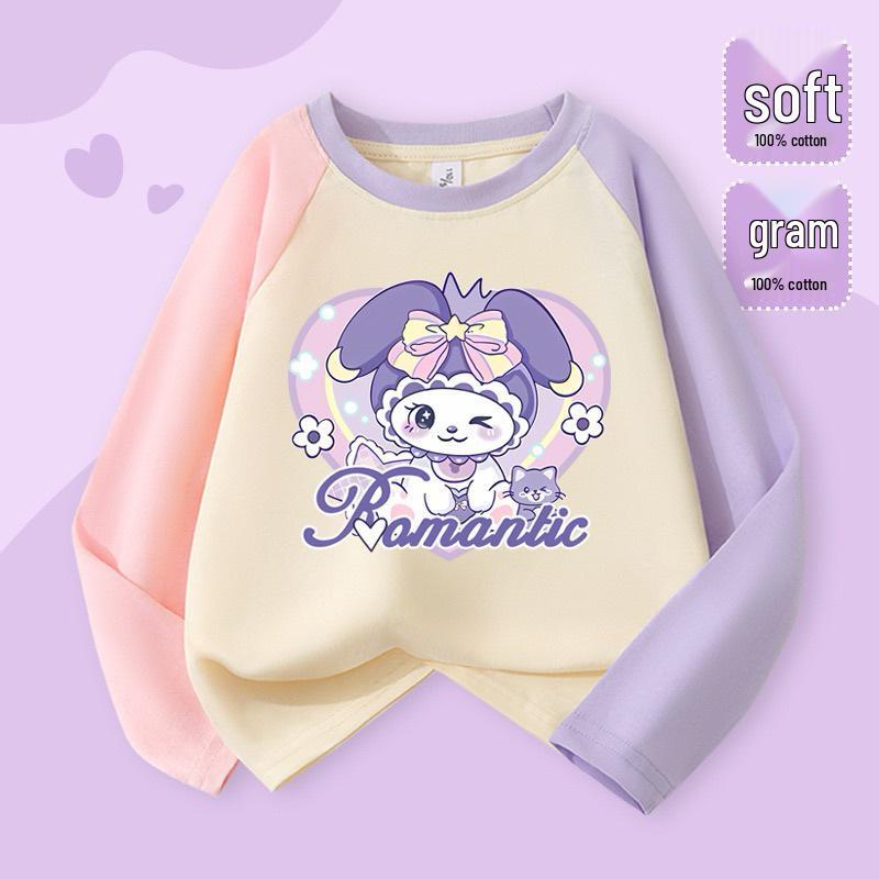 2025 Милая мультяшная футболка с длинным рукавом реглан в цветной блок для девочек