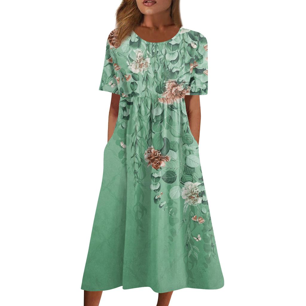 Women's Casual Dresses Printed Dresses Summer Dresses Printed Pleated Round Neck Midi Dresses Basic Classic Outdoor Daily Short Sleeve Loose Dresses