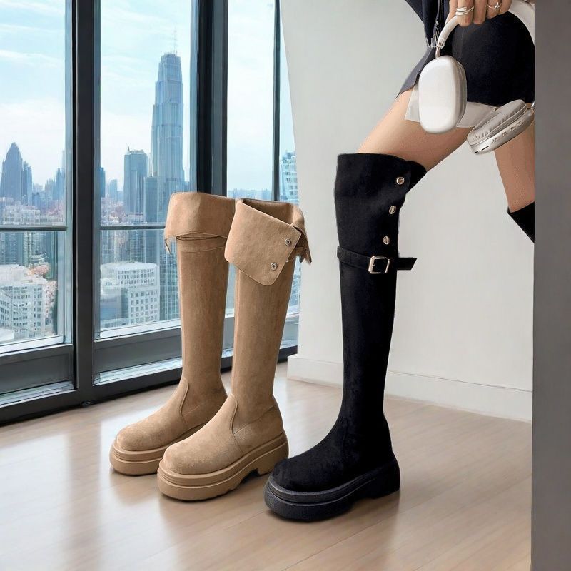 Platform Women's Thigh High Boots Autumn Winter Fleece-Lined Round Toe Ladies Above Over The Knee Shoes 2025 New Trend Footwear