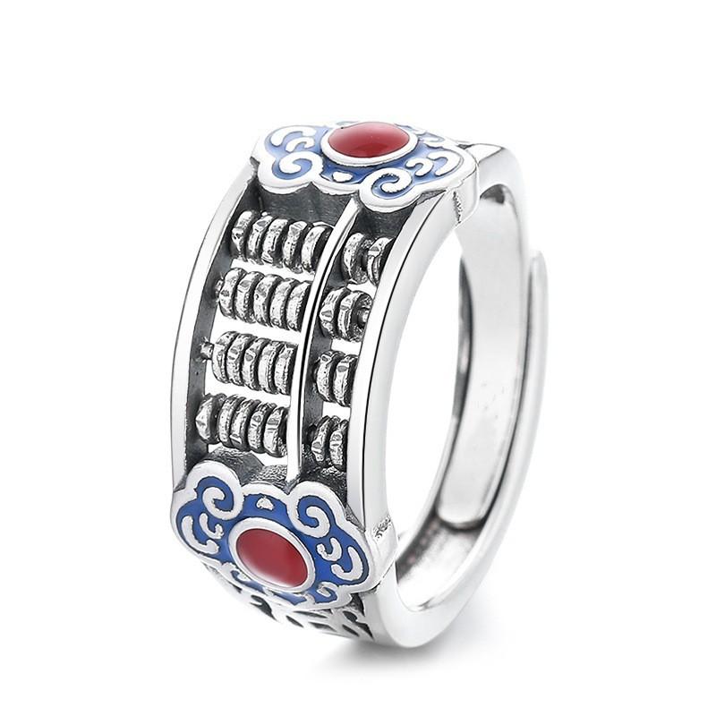 Adjustable Open Ring With Vintage Abacus Motif Oxidized Red Agate Inlay Sterling Unisex Boho Retro Jewelry