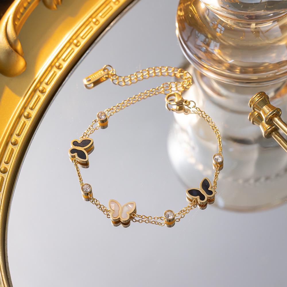 Exquisite Black & White Butterfly Double-Layer Titanium Steel Bracelet for Women: High-End, Versatile Hand Jewelry