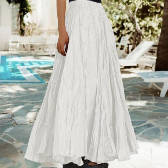 Women Skirt Elastic High Waist Pleated Maxi Skirt Solid Color A-Line Ankle-Length Skirt Large Hem Long Skirt Work Leisure Wear