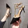 Rivet nude pointed high heels women's thin heels 2025 spring new versatile Internet celebrities sexy empty large size shoes