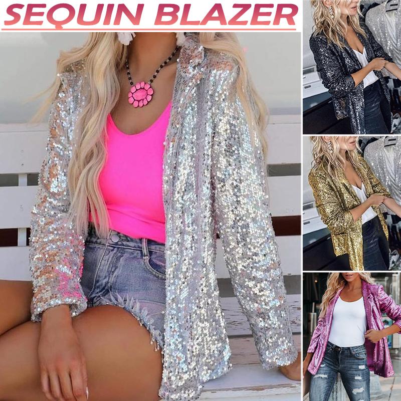 Womens Sequin Blazer Suit Glitter Open Front Thin Jacket Ladies Party Outwear