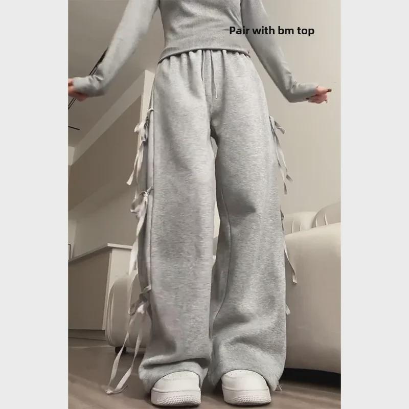 В наличии женские серые широкие спортивные брюки с бантом - новый дизайн весна/осень 2024