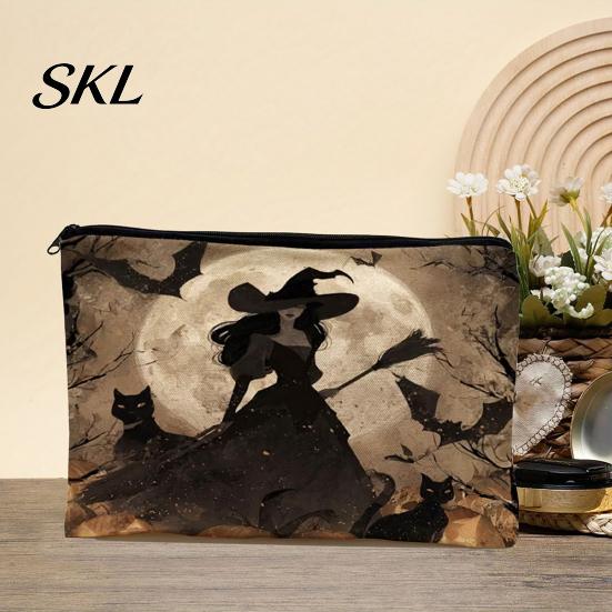 Witch Pumpkin Pattern Bag Storage Bag, with Smooth Zipper, Thickened Polyester Large Capacity Thick Canvas Cosmetic Halloween Printed Pouch Small Item