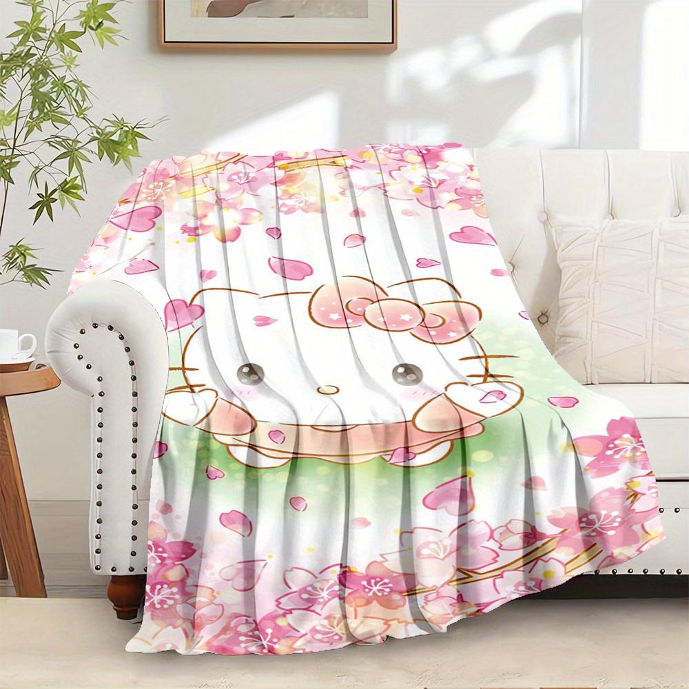 1pc Kitty, Pink, FlowersDigital Print Fleece Blanket - Contemporary Style, Suitable for All Seasons, Perfect for Home, Travel, or Camping -