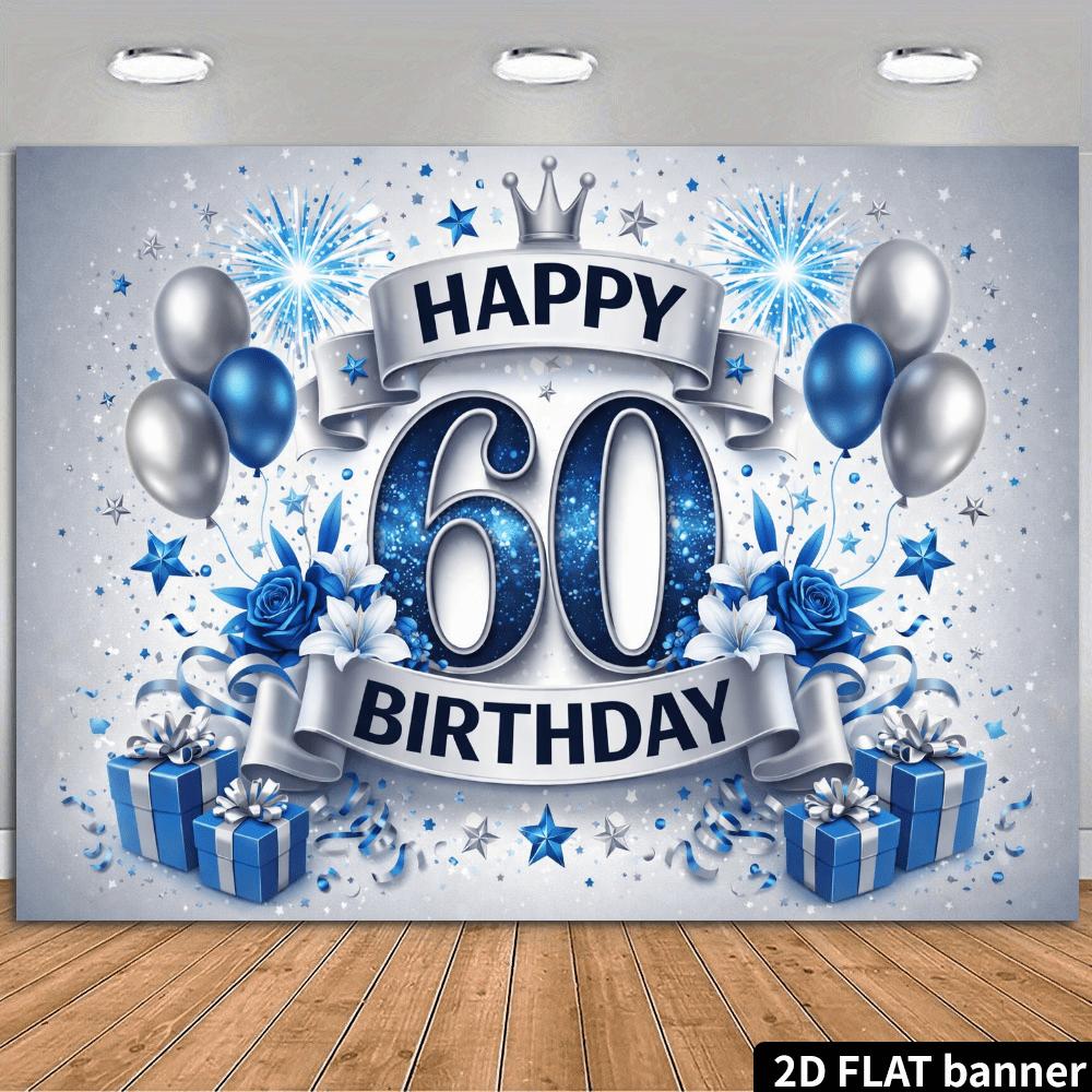 Плоский 2D фон для вечеринки в честь 60-летия с сияющей синей цифрой "60" в центре и баннером "С Днем Рождения"