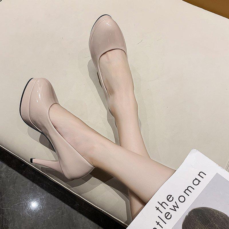 New Night Show Super High Heel Patent Leather Hate Sky High Deep Mouth Round Head Single Shoes Formal Professional Waterproof Table High Heels