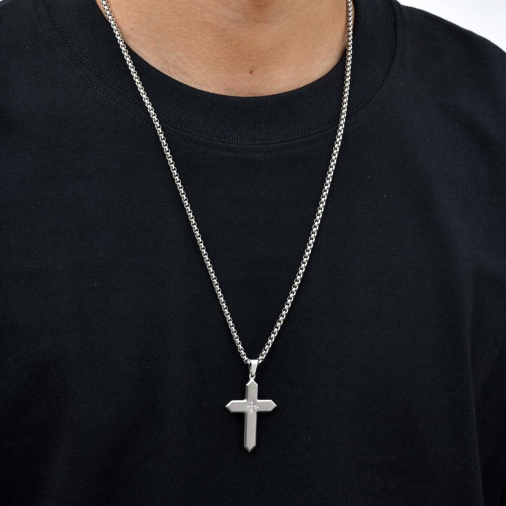 Vnox Stainless Steel 25.7x38.7mm Cross Pendant Necklace with Zircon Stones for Men Women Box Chain Punk Jewelry Gift Anniversary