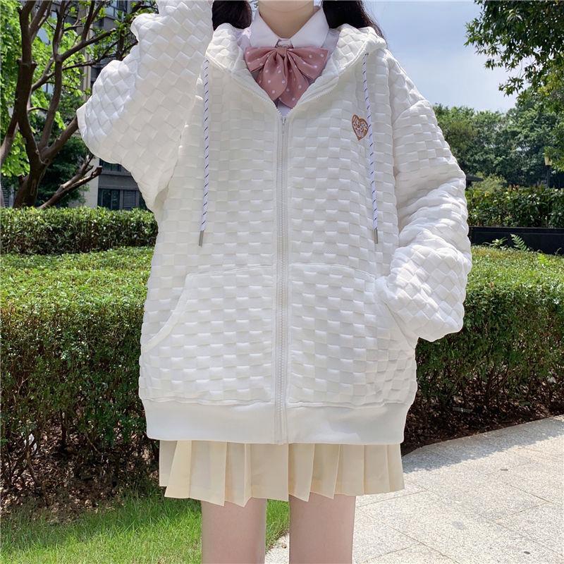 Женская вафельная куртка с капюшоном, весенне-осенний дизайн, свитер Sense, ленивая ветровка для колледжа, кардиган на молнии