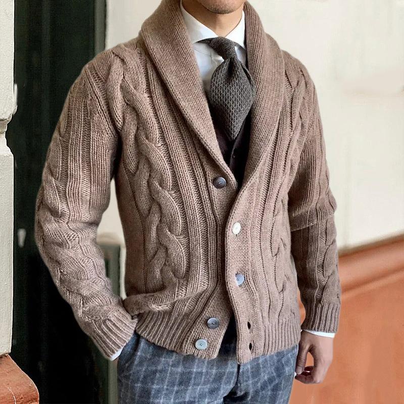 2025 Winter New Knitted Cardigan Men's Turn-down Collar Long Sleeve Twisted Sweater