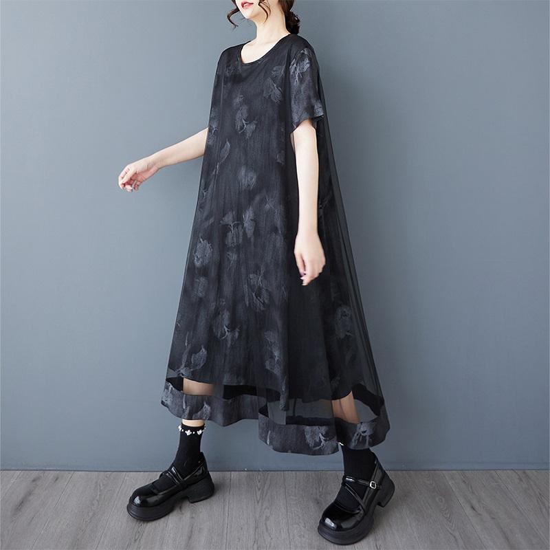 Короткий рукав Плюс размер Черная сетка винтажные новые платья для женщин повседневное свободное длинное летнее платье