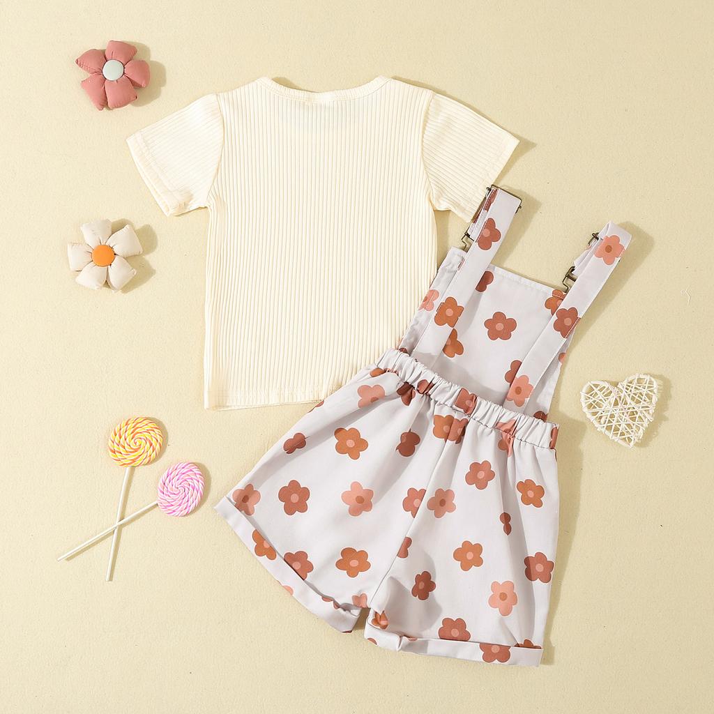 Toddler Girl Summer Outfit Solid Color Ribbed Short Sleeve Tops and Flower Print Suspender Shorts Overalls 2Pcs Clothes Set