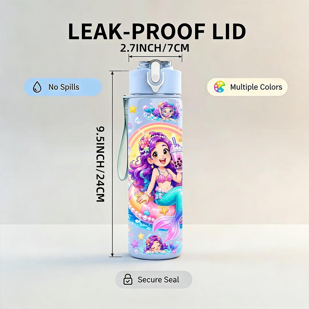 1PC Mermaid Fairy Girl Art 750ml Color Plastic Sports Water Bottle Leakproof Flip Straw Lid Suitable for Sports Office Home Use