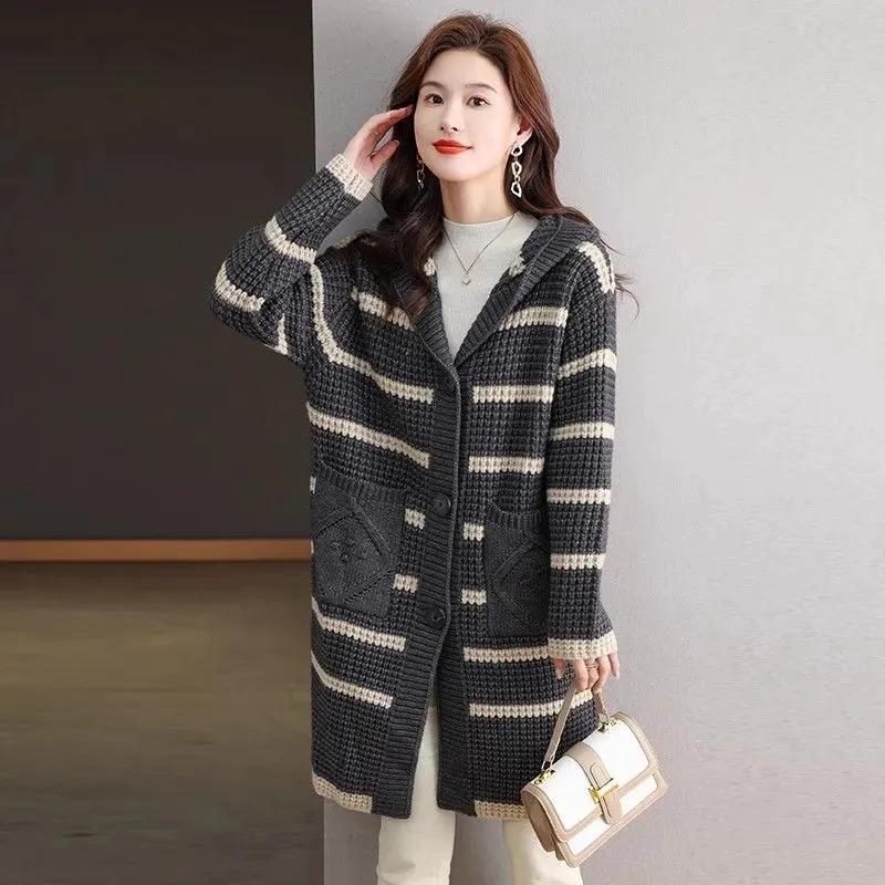 Осенне-зимняя утолщенная куртка-свитер средней длины с капюшоном, свободный полосатый вязаный кардиган большого размера