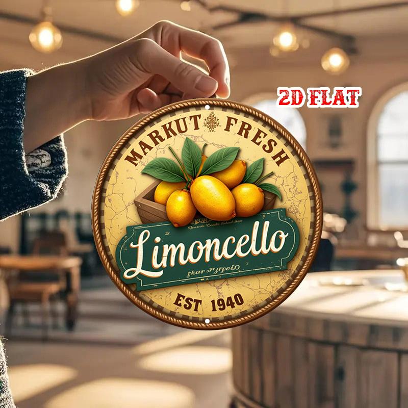 D Flat pc Vintage Limoncello Italian Drink Metal Wall Art Sign Rustic Lemon Design Aluminum Sign with Aged Yellow Background