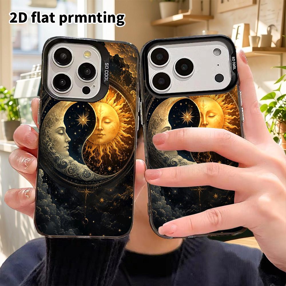 Чехол для телефона: 2D плоский дизайн, подходит для iPhone 18, 17, 16, 15, 14, 13 Pro, цвет серебристый, защитный чехол, стиль для пары, Миф о Солнце и Луне, Рождество и Хэллоу
