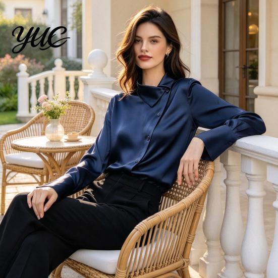 Button Front Business Casual Shirt Women Satin Blouse, Skew Collar Long Sleeve Shirt, Smooth Office Breathable Polyester Tops with Down, Commuting for