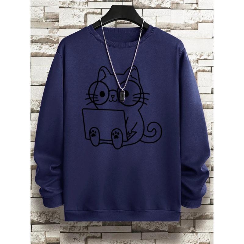 Мужская толстовка с принтом «Джентльмен Кот на работе» в стиле хип-хоп, свободная толстовка с капюшоном, осенняя толстовка с капюшоном, модный уличный свитер с круглым вырезом и длинными рукавами для мужчин