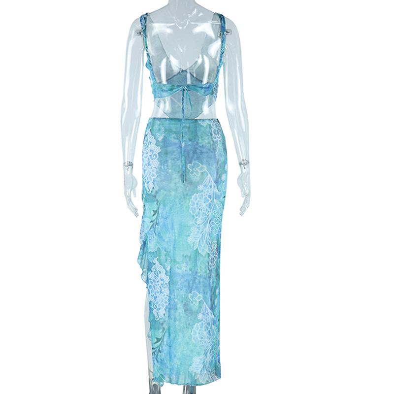 Европейский и американский стиль модный женский принтованный асимметричный топ сексуальный с открытой спиной шнуровка разрез на талии юбка комплект