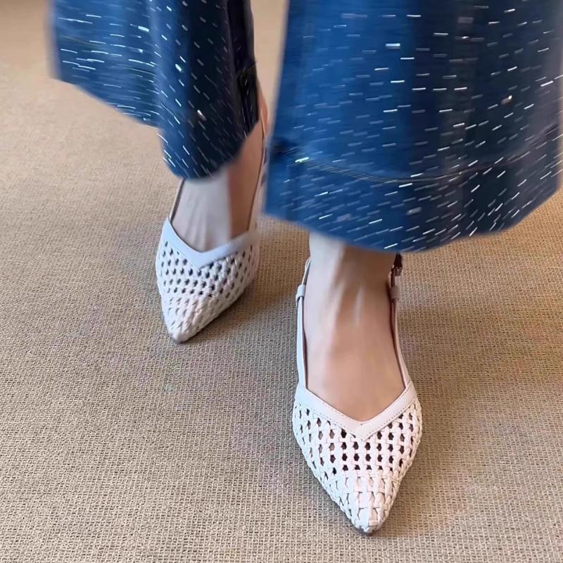 Fashion Women Sandals Temperament Pointed Toe Woven Hollow Shoes Breathable Rear Empty High Heels Sandals Baotou One-word Strap Sandals