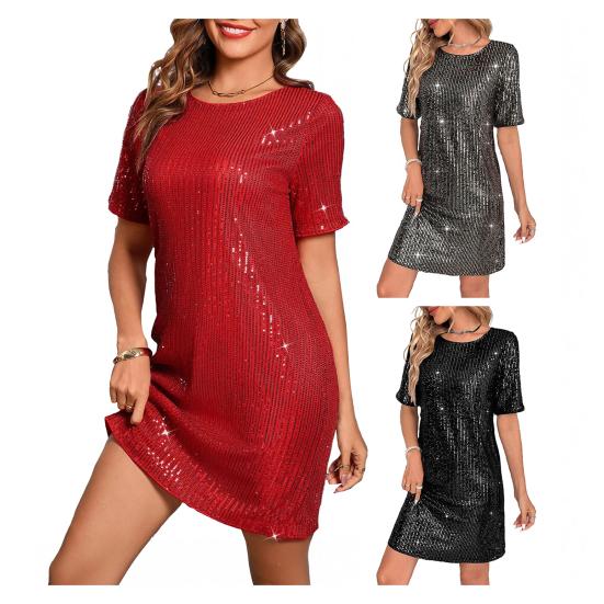 Женское платье с круглым вырезом и пайетками, сексуальное мини-платье с короткими рукавами, блестящее свободное коктейльное платье для вечеринок и клуба