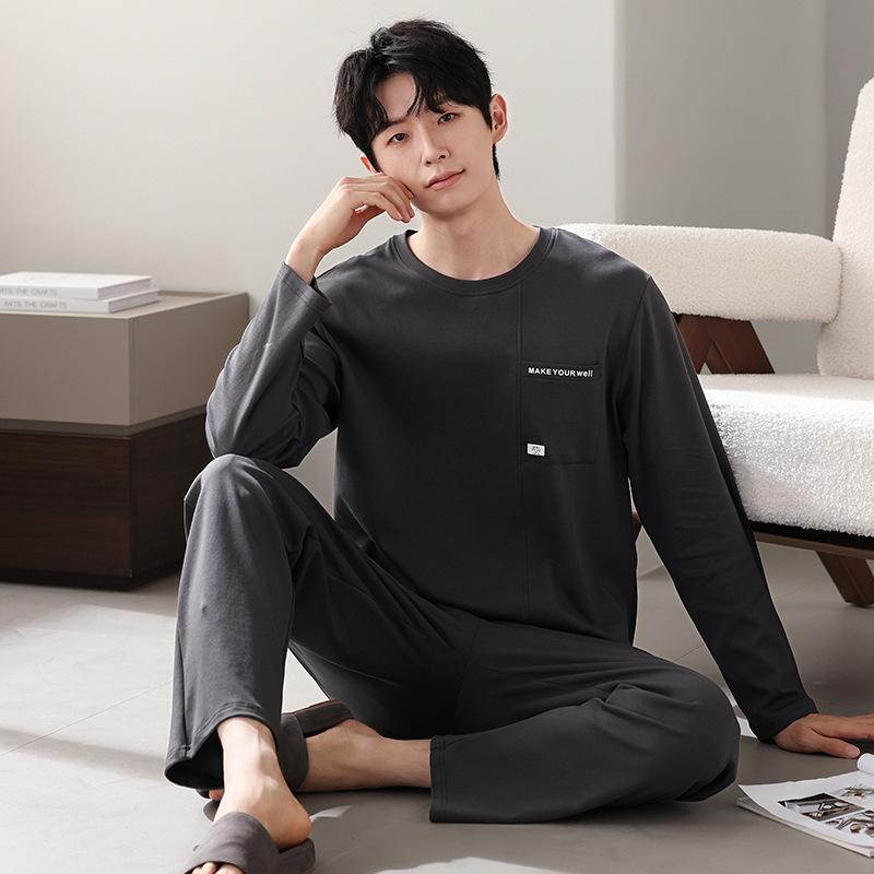 Pajamas Men'S Pure Cotton Long-Sleeved Spring And Autumn Casual Pullover High-End Simple Loungewear Large-Size Set