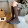 Осенняя тонкая толстая подошва корейской версии эластичных тонких сапог женские 2024 новые большие замшевые сапоги на толстом каблуке, но до колена