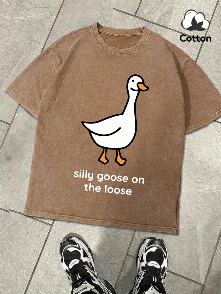 Sillu Goose On The Loose Print Snow Wash Man TShirt Summer Cotton Retro Tee Fashion Short Sleeve Unisex Loose ONeck Top