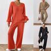 Women's Casual Fashion Woolen Knitting Set V-Neck Loose Top + Solid Color Wide Leg Straight Pants Sweater Two Piece Set