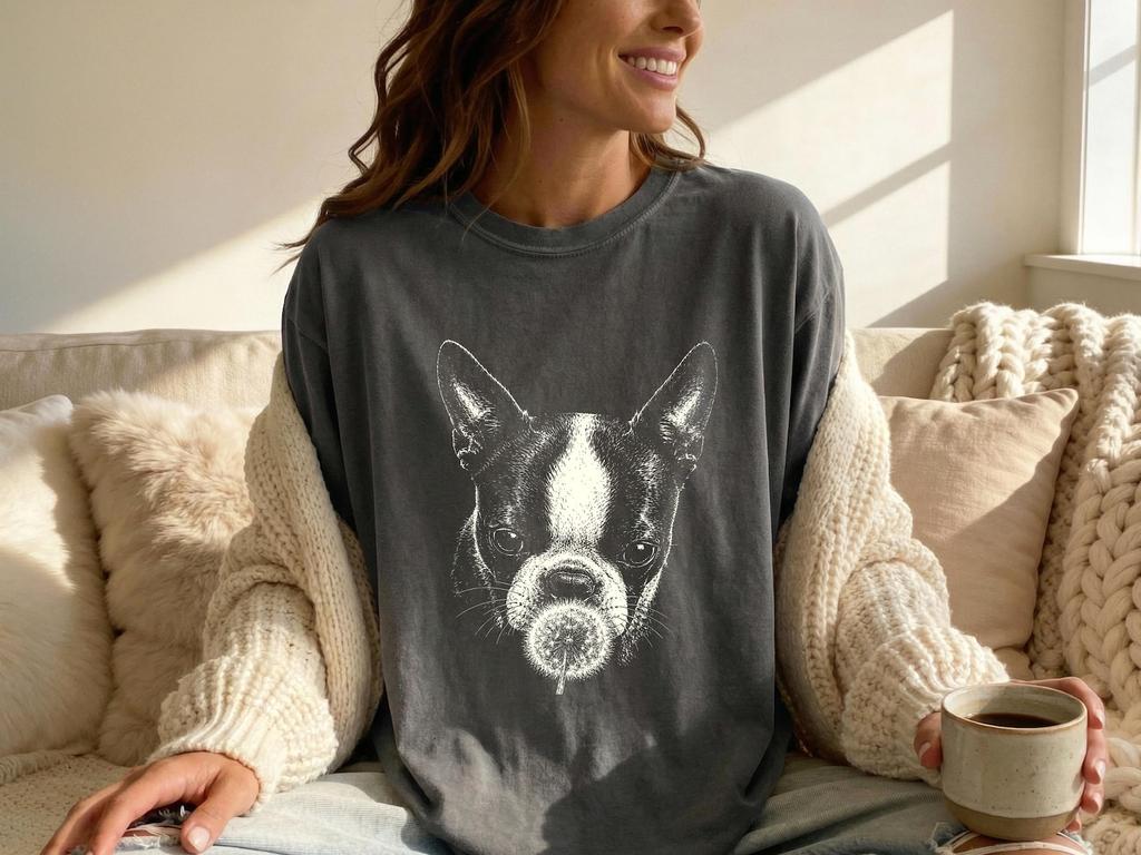 Boston Terrier Dandelion T-Shirt - Vintage Bostie Dog Graphic Tee, Boston Terrier Mom Dad Gift, Nature Dog Comfort Colors Shirt