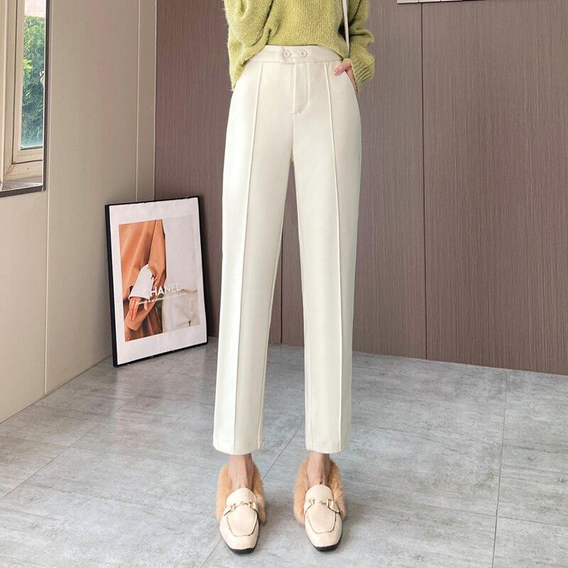 Осенне-зимние модные утепленные повседневные брюки в стиле Харадзюку, свободные брюки с высокой талией, корейские тонкие женские шерстяные брюки-карандаш