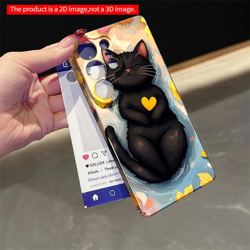 2DFlat Samsung phone case Black Cat with Heart Amid Autumn Leaves Applicable to Galaxy S22 S23 S24 S25ULTRA S26 A12 A13 A14 A15 A16