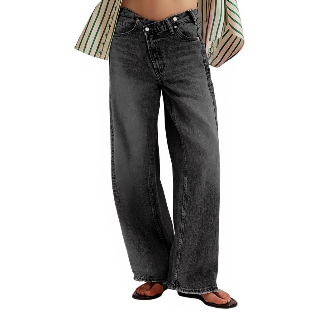 Женские повседневные модные однотонные джинсы прямого кроя с широкими штанинами, эластичной талией и карманами