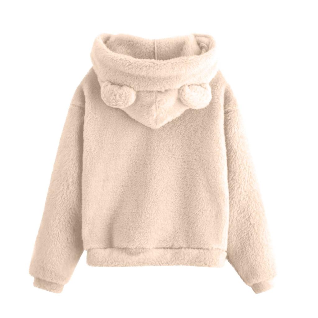 Women's Fashion Long Sleeve Solid Color Fleece Ears Hooded Warm Sweater Sweatshirt