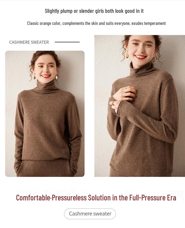 Women's Cashmere Sweater with Rolled Hem and Pile Collar – Solid Color, Loose Knit Pullover for Autumn and Winter