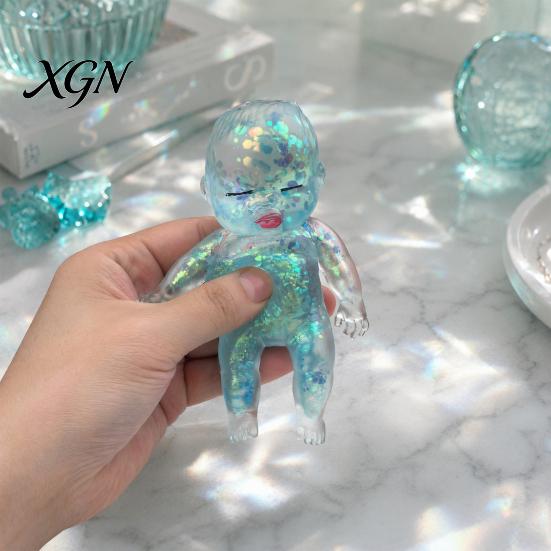 Portable Stress Ball Glitter Babies Relief Toy, Clear Baby Doll Squeeze Soft Stretchy Gadget Fidget Relaxing Gift for Adults Kids, Party Favors