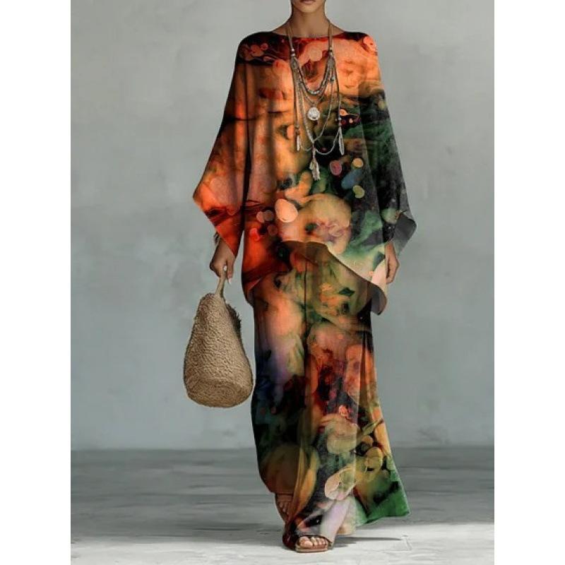 16 European and American artistic sense abstract graffiti casual suit round neck bat sleeve top + wide leg pants loose two-piece set