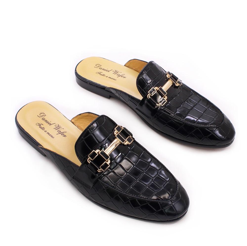 Мужские кожаные полуботинки, черные с острым носком, плоские, с тиснением под крокодила, металлическая пряжка, удобная повседневная мужская обувь, домашняя обувь