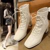 Korean Women's Modern Boots British Style Lace Up High Top Thick Heel Fashion High Heel Boots Daily Casual Short Boots